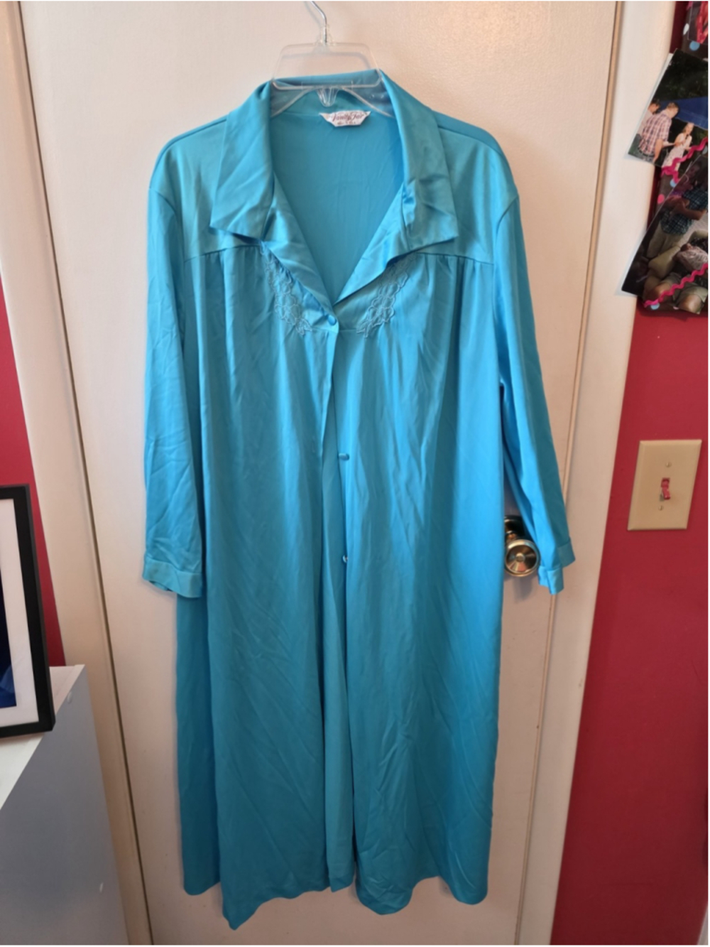 Vintage VANITY FAIR 100% Nylon Satin Button-Up House Coat Medium Turquoise Blue